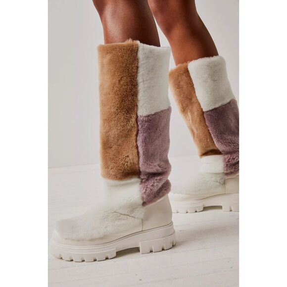 Free People Happy Thoughts Fur Shearling Paneled Colorblock Boots First Frost - Picture 2 of 4
